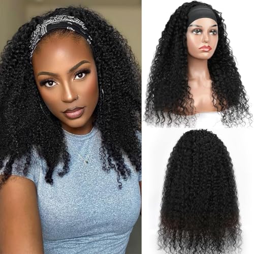 Image of Kinky Curly Headband Wig Human Hair 12 Inch None Lace Front Deep Curly Wig | Brazilian Virgin Hair Wear and Go Wigs for Black Women 200% Density Machine Made Headband Half Wigs Natural Color