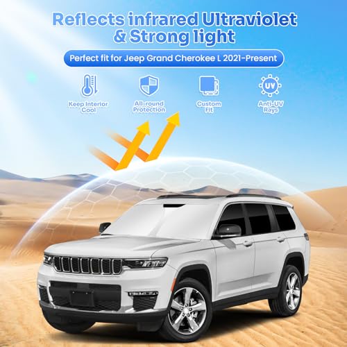 Image of Canvcle Window Shades for 2021-2025 2026 Jeep Grand Cherokee L Accessories Windshield Sun Shade Side Rear Window Cover Sunshade Sun Visor Shield Privacy Protection for Camping Keep Car Cool Black 8PCS