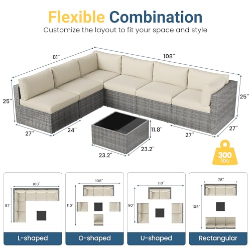 Image of Wisteria Lane 7 Pieces Outdoor Patio Furniture Set, Wicker Outdoor Patio Sectional Sofas with Coffee Table, All-Weather Patio Conversation Set for Garden Backyard, Beige