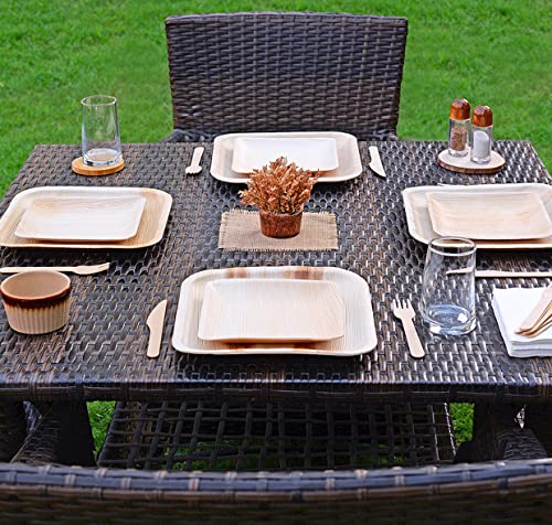 Ozonesafe (150 Pcs) Palm Leaf Plate Set – 25 Each Of 10 And 7-Inch Square Plates, With 50 Forks And 50 Knives Included - Heavy Duty & Compostable - Natural Alternative To Bamboo & Paper Plates #TOP5