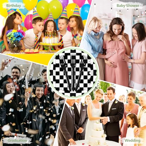 Image of 75 Pcs Black Checkered Paper Plates and Napkins&Forks for Party, 7inch