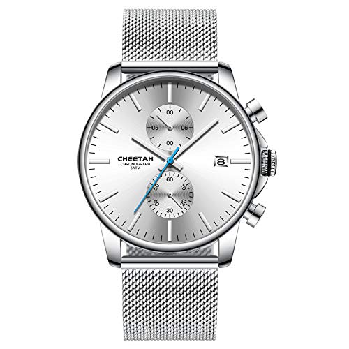 Affute Montres pour Homme Mode Sport Quartz Analogique Noir Maille Acier Inoxydable Étanche Chronographe Montre-Bracelet Auto Date en - Blanc argenté