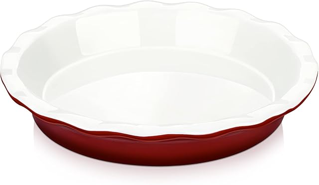 Lovecasa Crinkle Rim Pie Dish, Red, Ceramic Classic Pie Crust Dish is Ideal for Cooking, Baking and Serving Meat, savoury, Fruit pies, Crumbles and tarts.