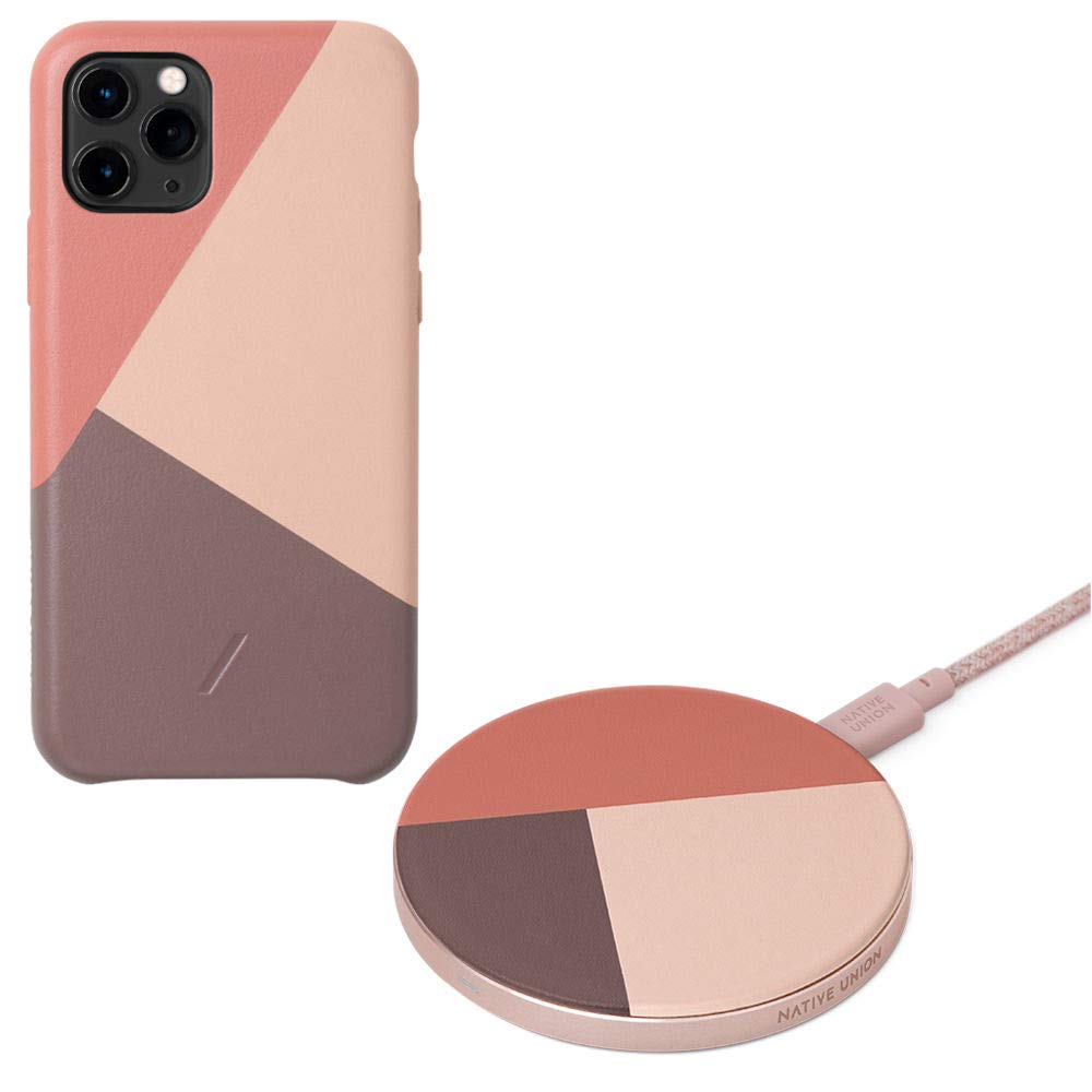 Native Union Bundle with Clic Marquetry Case for iPhone 11 Pro, Rose with Marquetry Drop Charging Pad V2 Wireless Charger, for iPhone and Qi Compatible Devices, Rose