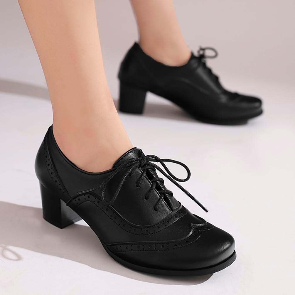 Women's Oxford Block Heel Shoes Wingtip Lace-Up Dress Pumps Classic Brogue