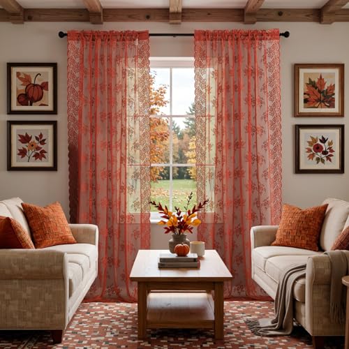 Kotile Orange Sheer Curtains 84 Inches Long, Country Rustic Fall