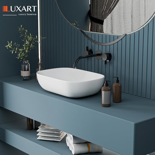 Image of LUXART Ceramic Counter Top Wash Basin | Modern Rectangular Table Top Washbasin | Bathroom, Home & Office | White (20 x 14 x 5 Inch)
