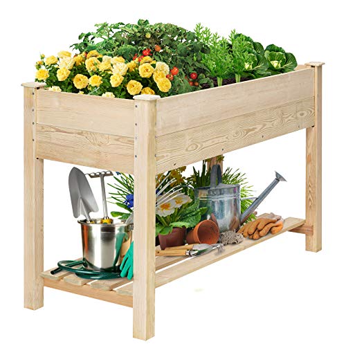 KINGSO Raised Garden Bed 4FT Elevated Wooden Planter Boxes Kit Outdoor with Legs Raised Planter Garden Grow Box with Shelves for Vegetable Flower Herb Backyard Patio Natural