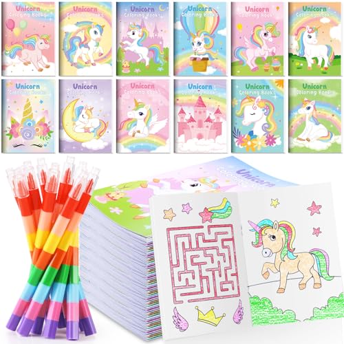 BenLouis 12 Unicorn Mini Coloring Books with 12 Stacking Crayons for Kids