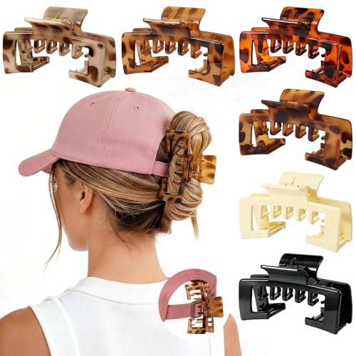 6 Pcs Hat Claw Clip for Women Hat-Friendly Claw Clips for Baseball Cap & Trucker Hat - 4.1 Inch Large Hat Claw Clip for Medium/Thick Hair Non-Slip Baseball Hair Clips for Hats Hairstyle Tortoise