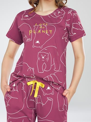 Image of ZEYO Night Suit for Women's Polar Bear Printed Cotton Night Dress of Top and Pajama Set 5776