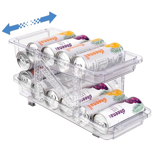 Hossejoy Dispensador de latas de refrigerante de largura ajustável para frigorífico, organizador automático de armazenamento de bebidas de camada dupla, suporte de recipientes de latas de alimentos