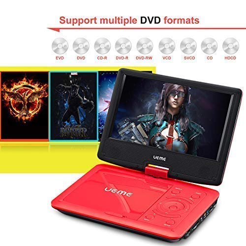 UEME Portable DVD Player with 9 inches Swivel Screen, Remote Control, Rechargeable Battery, AC Adapter Car Charger, Mobile DVD Player (Red) - Thumbnail 3