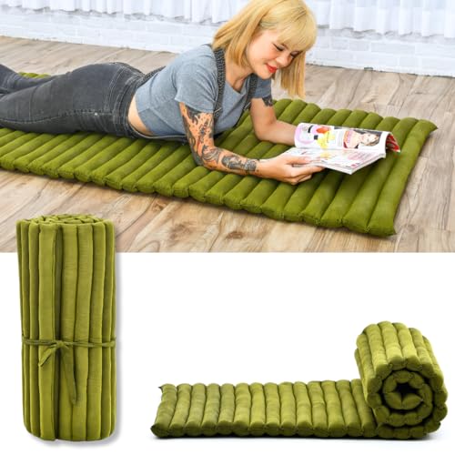 Image of Leewadee - Foldable Floor Mattress - Japanese Roll Up Futon -Trifold Tatami Mat- Guest Floor Bed - Camping Mattress - Thai Massage Mat, Kapok Filled, 75 x 28 inches, Green