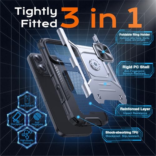 Image of Anqrp Heavy Duty Case for iPhone 17 Pro Case with Enhanced Ring Holder Grip Stand, Military Grade Shockproof Rugged Drop Protective Silicone Hard Slim iPhone 17 Pro Phone Case Cover,Silver
