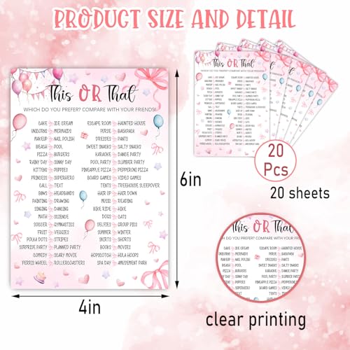 Image of Pink Slumber Party Games Card -Sleepover Stuff- Coquette Pink Bow Themed Sleepover Slumber Party Supplies- Birthday Night Games Creative Idea -This or That- 20 Game Cards