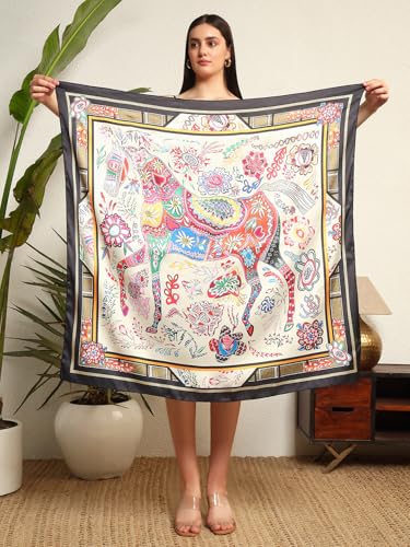Image of Ravaiyaa - Attitude is everything Women Silk Digital Print Large Square Scarf Breathable Lightweight Neckerchief Printed Headscarf 40 inch x 40 inch Inch
