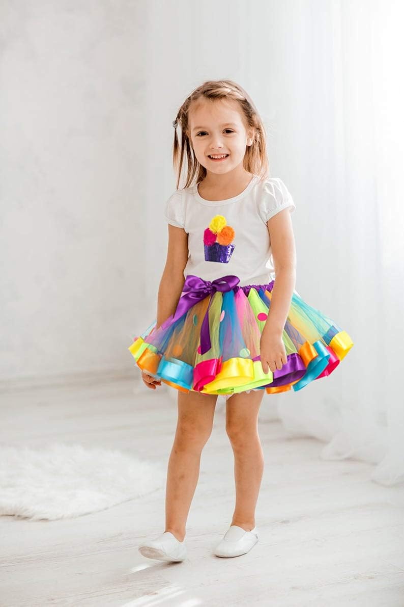 Vista 6 de JOINSI Falda de ballet tutú arcoíris para niñas con camisa, collar y pulsera