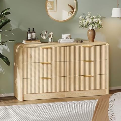 Decofy Fluted 6 Drawers Dresser for Bedroom,55'' Wide Wood Dressers with Gold Handles, Modern Dressers with Wave Texture, Large Storage Chest of Drawers, Bedroom Dresser Organizer (Natural Oak) Cover