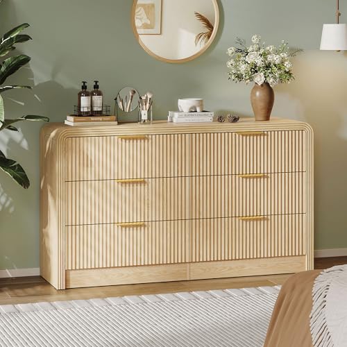Decofy Fluted 6 Drawers Dresser for Bedroom,55\'\' Wide Wood Dressers with Gold Handles, Modern Dressers with Wave Texture, Large Storage Chest of Drawers, Bedroom Dresser Organizer (Natural Oak)