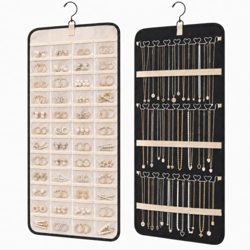 Hanging Jewelry Organizer, Necklace Hooks, 48 Clear Pockets, Black