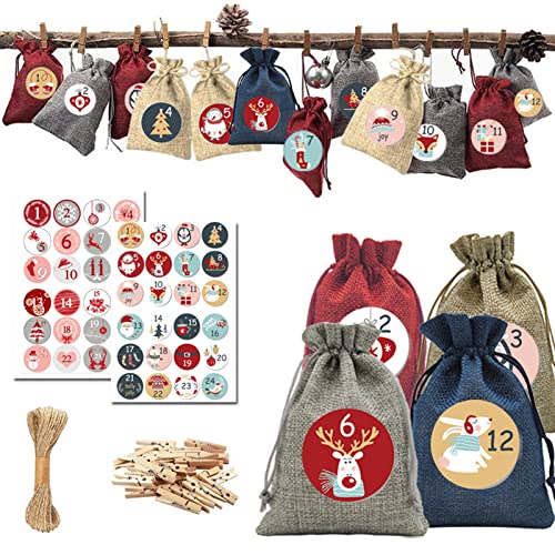 Mafagwre Calendrier de l'Avent à remplir, sac cadeau de Noël avec 24 autocollants chiffres de l'Avent, calendrier de Noël 2022, kit de bricolage, sac en tissu, sac de l'Avent pour enfants Cover
