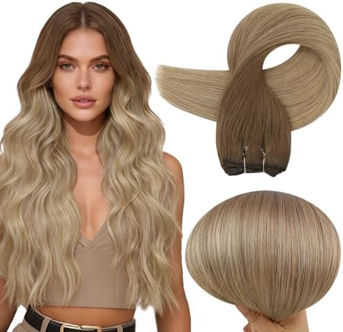 Full Shine Sew In Hair Extensions, 12 Inch 80G Remy Real Human Hair, Ombre Dark Blonde To Light Blonde, Invisible Weft For Thin Hair