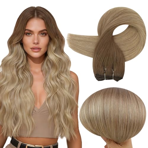 Image of Full Shine Weft Hair Extensions 14 Inch 100G Ombre Blonde Remy Human Hair | Straight Weft, Sew In Hair Extensions, Ombre Dark Blonde To Light Blonde, Remy Human Hair, Natural Daily Styling
