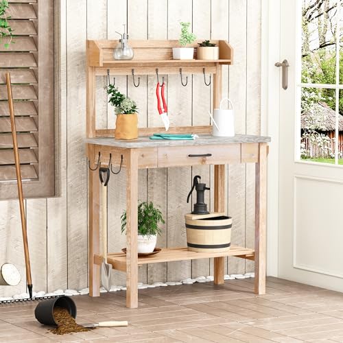 HOLTICO Outdoor Potting Bench Table with Metal Tabletop, Planting Table Potting Work Station with Storage Drawer and Removable Shelf Rack, Garden Potting Table for Outdoors