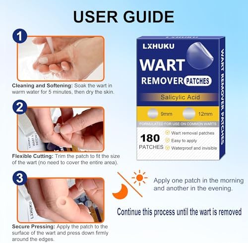 LXHUKU Maximum Strength Salicylic Acid Wart Remover Patches, 180 Count, Waterproof Clear Adhesive Pads for Plantar, Common & Flat Types, Corns and Calluses, Discreet Foot and Hand Care A1 — view 6