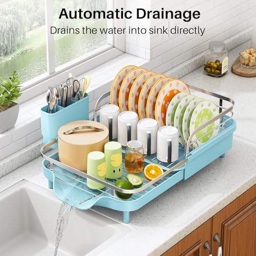 Image of SAYZH Dish Drying Rack - Expandable Dish Rack for Kitchen Counter, Rust-Resistant Dish Drainer with Utensil Holder and Raised Guardrail, Kitchen Organizer for Cup and Bottle (Blue)