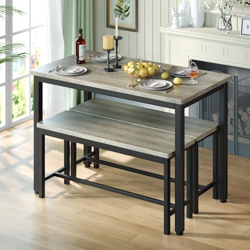 Tatub Dining Table Set for 4, 3-Piece Kitchen Table with 2 Benches, Space-Saving Dining Room Set for Breakfast Nook and Small Spaces, Grey by Tatub - Image 4