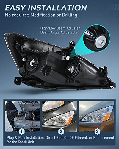 Nilight Headlight Assembly For 2003 2004 2005 2006 2007 Accord Replacement Headlamp Chrome Housing Amber Reflector, 2 Years Warranty #TOP6