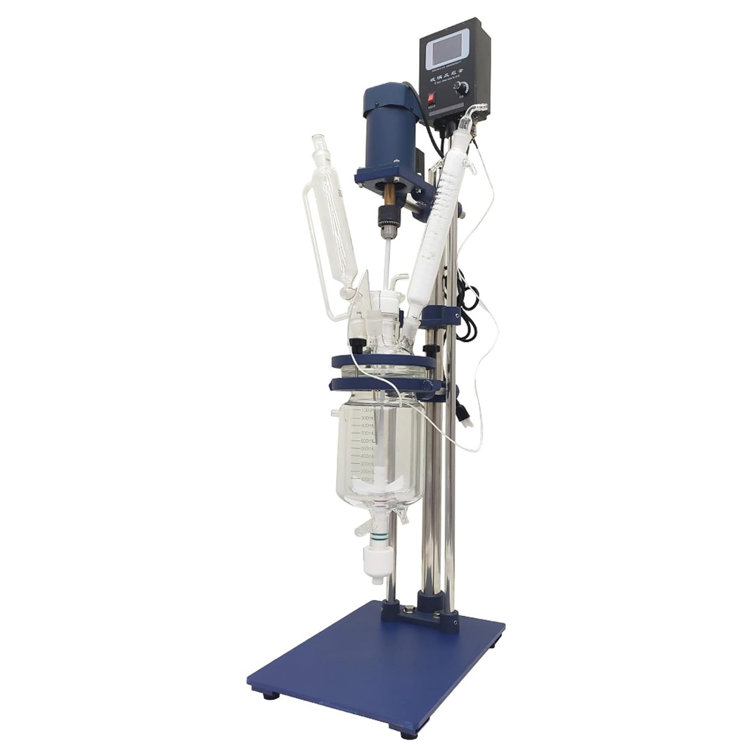 1L Jacketed Glass Reactor, Double-Layer Chemical Lab Reaction Vessel Device for Reaction Distillation with Support Frame Digital Display Adjustable Speed 0-600RPM