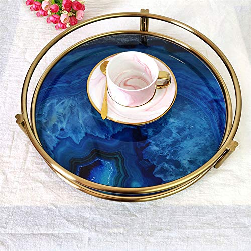 Round Marble Ceramic Decorative Tray, Jewelry Tray Marble Printed Vanity Tray With Gold Stand, For Dresser, Coffee Table Decor Tray, Candle Holder Tray #TOP2
