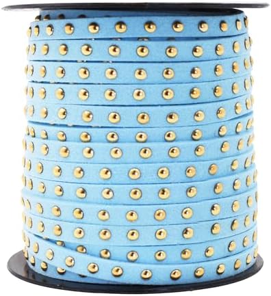 Mandala Crafts 20 Yards Sky Blue Studded Faux Suede Cords Leather Trims - Flat Vegan Leather Lace Strips String with Gold Col