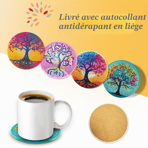 8 Pièces 5D DIY Dessous de Verre Peinture Diamant avec Support,Dessous Verre Liege Fleur de Vie,Multicolore Diamond Painting Art,Dessous de Verre Design,pour Adultes Enfants Débutants – vue 4