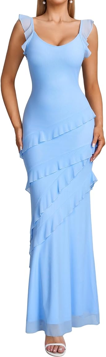 XinFSh Womens Ruffle Wedding Guest Maxi Dress Mesh Bodycon Long Formal Cocktail Party Dresses 2026