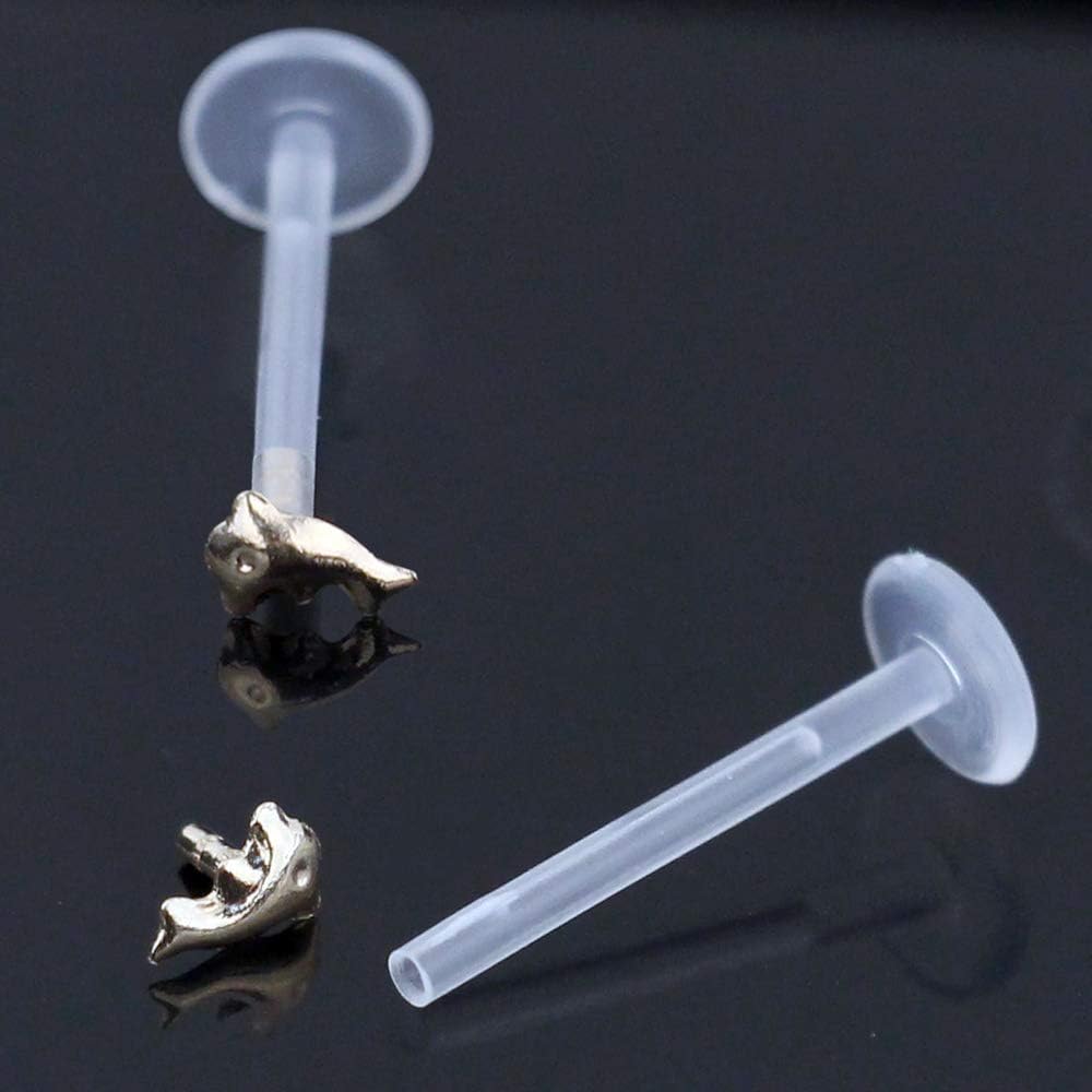 14K Yellow Gold Plain Dolphin Push Fit Top 16 Gauge UV Bioplast Labret Tragus Piercing - Cartilage Earring -Helix Stud- Conch Piercing Stud
