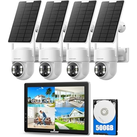 CAMCAMP Solar Security Cameras Wireless Outdoor with 10" Monitor, 10CH NVR 2K Solar Home Security Camera System with 360° Color Night Vision,2-Way Audio,500GB Local Storage,No Monthly Fee,No Need WiFi Cover