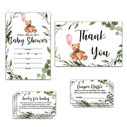 Greenery Bear Theme Baby Shower Game Card Kit- Including 25 Invitations With Envelopes, 25 Thank You Cards, 25 Book Request Card & 25 Dipper Tickets- Baby Shower Party Favor-D04 #TOP6
