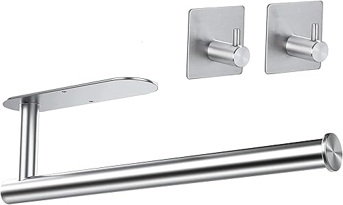 Sopalin Kitchen Roll Holder Stainless Steel Toilet Paper Holder without Drilling for Kitchen, Bathroom with 2 Adhesive Hooks, Silver