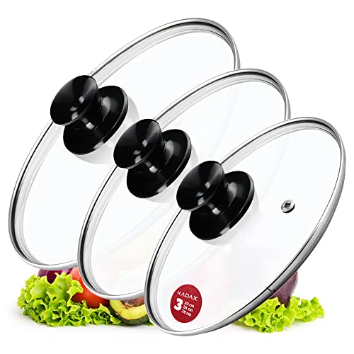 KADAX Juego de tapas de olla, tapa universal de cristal con asa, juego de tapas resistentes al calor en diferentes tamaños, tapa de cristal para olla, sartén (20 + 24 + 28 cm, mango negro brillante)
