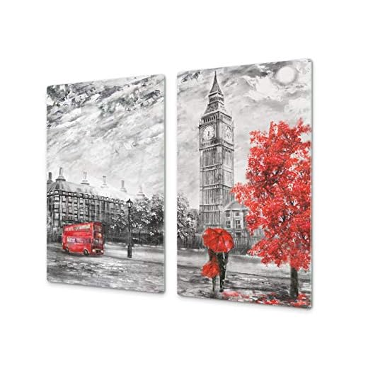 Cubre vitrocerámica y tabla de cortar de cristal templado – Superficie de vidrio templado resistente – UNA PIEZA (60 x 52 cm) o DOS PIEZAS (30 x 52 cm); D13 Serie Dibujos: Big ben rojo
