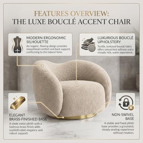 Image of Kingsman Furnitures Brok Swivel Luxury Accent Arm Chair 360 Degree Rotatable Sofa for Home | Bedroom, Living & Drawing Room | Ultra Soft and Comfortable for Lounge (Canaberra Boucle, Non-Swivel)