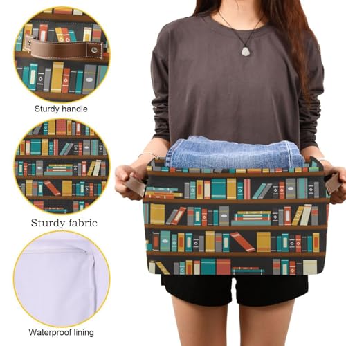 Image of Colorful Bookshelf Book Storage Basket Bin for Shelves Closet Foldable Fabric Storage Box Cube with Handles Kids Gifts Toys Clothes Shelf Basket Organizer for Bedroom Nursery Home Decorative