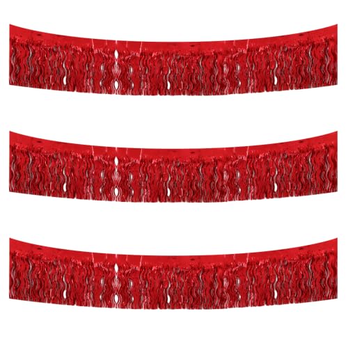 Image of BEISHIDA 3 Pack Red Wavy Foil Fringe Garland 30ft Tinsel Wall Decor