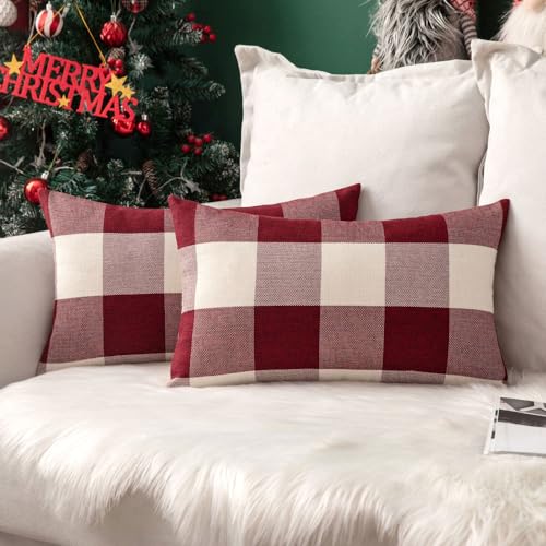 MIULEE Christmas Plaid Lumbar Pillow Covers 12x20 White and Red Pack of 2