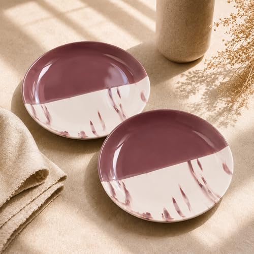 Image of The Earth Store Dual Tone Magenta Italian 7 Inch Ceramic Quarter Plates Set of 4 | Microwave & Dishwasher Safe Plate | Half Plate for Dessert, Snacks, Dinner | Snack Plates for Gifting, Daily Use