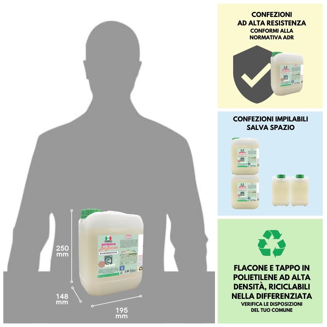 MARBEC DETERSIVO BelBucato BiancoPerfetto 5LTx4PZ Detersivo liquido concentrato per bucato a mano e in lavatrice, specifico per il lavaggio di capi bianchi